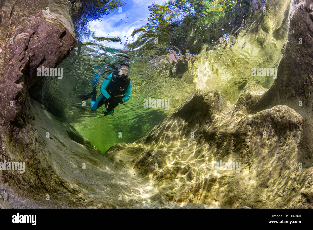 Austria, Salzkammergut, river Weissenbach, female scuba diver in a wild mountain river Stock Photo