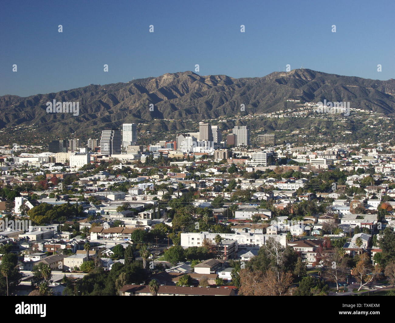Downtown Glendale, California taken from Forest Lawn Memorial Park with the Verdugo Hills in the background. Stock Photo