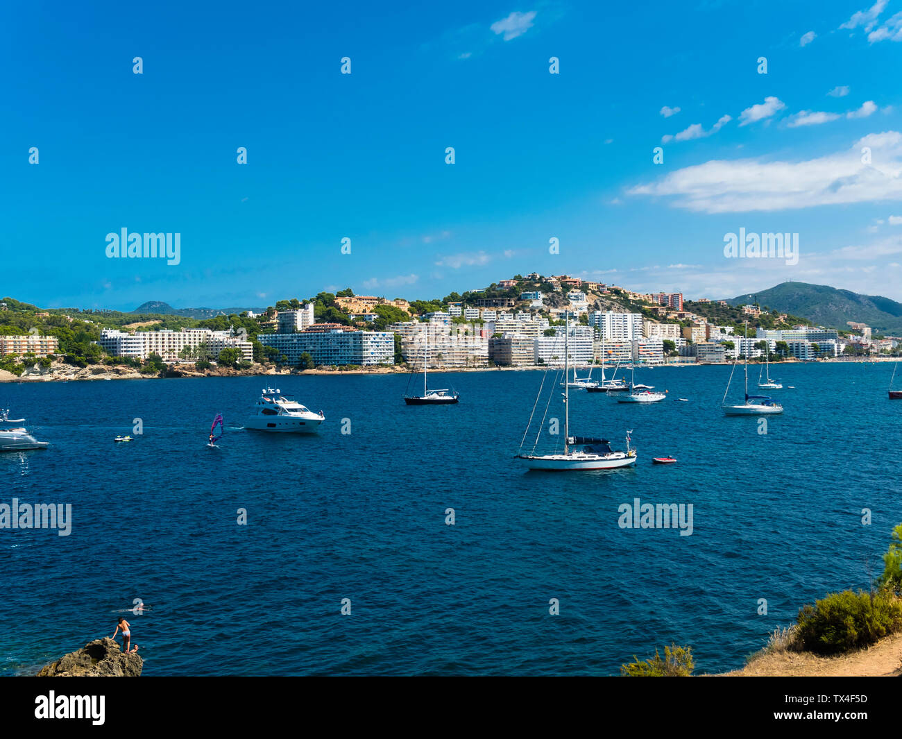 Spain, Balearic Islands, Mallorca, Bay of Santa Ponca, Hotels in the background Stock Photo