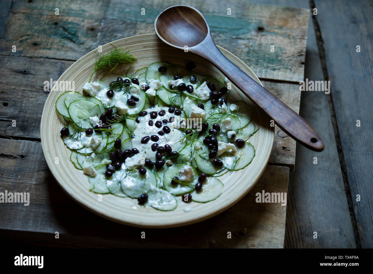 ucumber salad with black beans, sheep cheese, dill Stock Photo