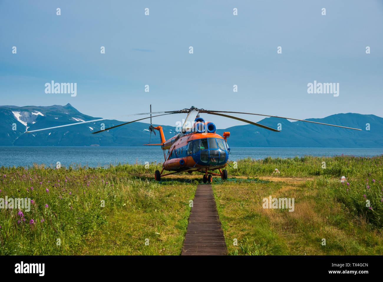 Russia, Kamchatka, helicopter on the Kurile lake Stock Photo