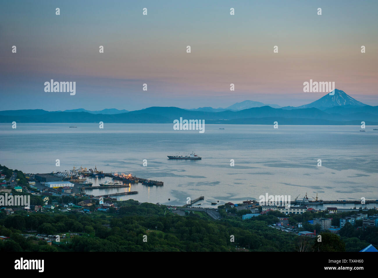 Russia, Kamchatka, Petropavlovsk-Kamchatsky, Avacha bay at sunset Stock Photo