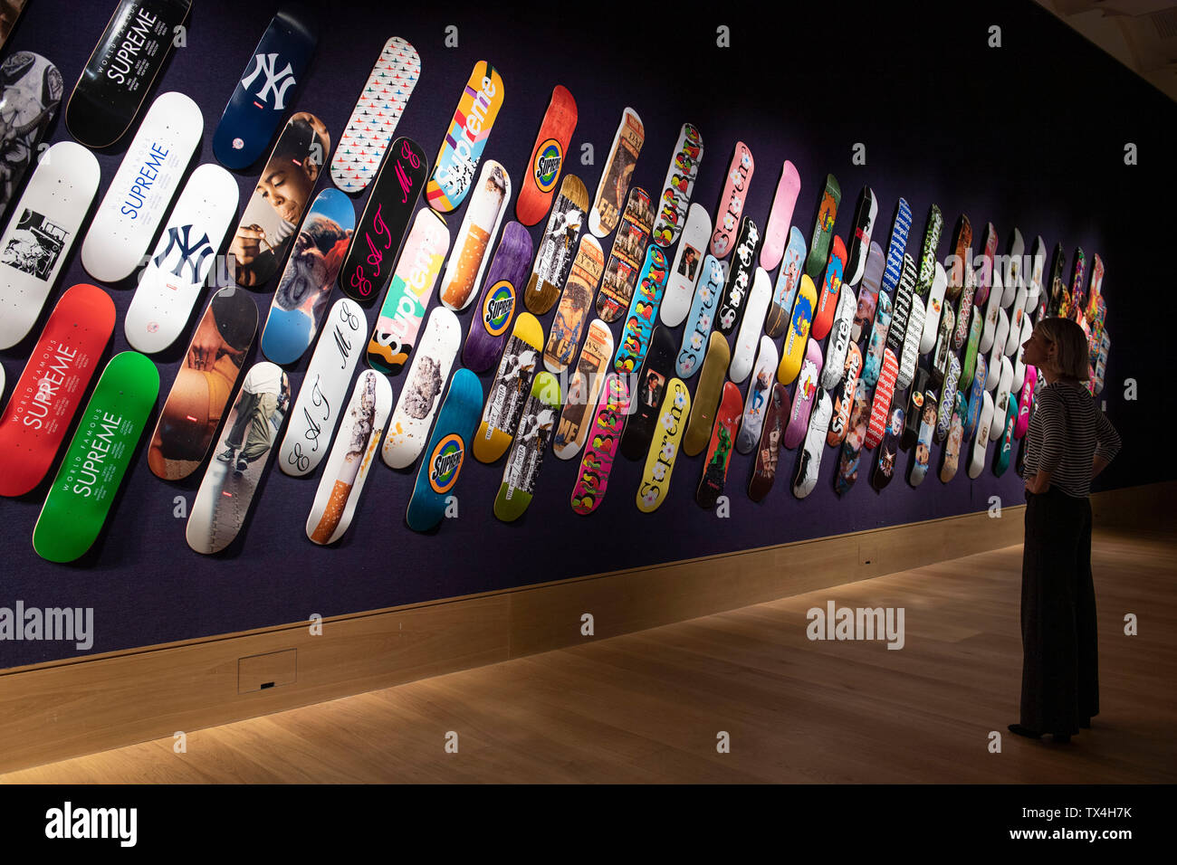 Bonhams, New Bond Street, London, UK. 24th June 2019. An extremely rare – and complete – collection of 131 Supreme full-sized Skateboard decks, produced by the streetwear brand Supreme New York, between 2011-2019, is on view before the Modern and Contemporary Art sale on 27th June 2019. The decks, being sold as a single lot, feature works by renowned contemporary artists such as The Chapman Brothers, Urs Fischer, Cindy Sherman, Nan Goldin and Mike Kelley. The collection has an estimate of £100,000-150,000. Credit: Malcolm Park/Alamy Live News. Stock Photo