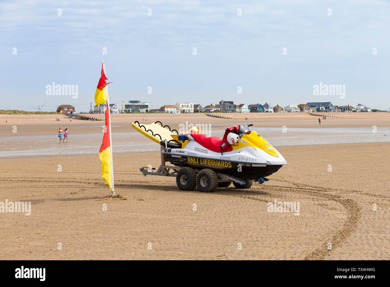 RNLI lifeguards jetski parked on the camber sands beach, east sussex, uk Stock Photo