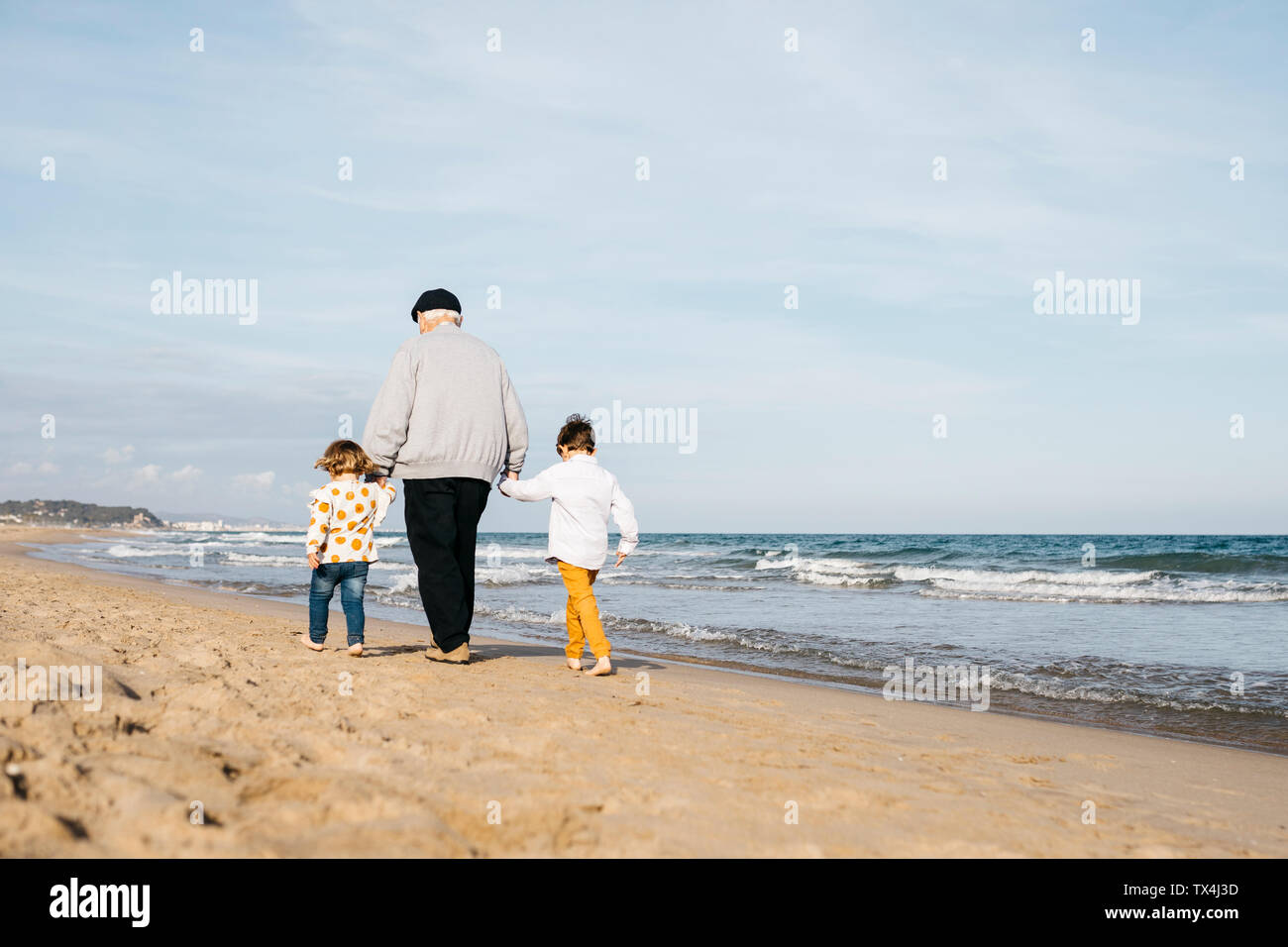 Back view of grandfather strolling with his grandchildren hand in hand on the beach Stock Photo