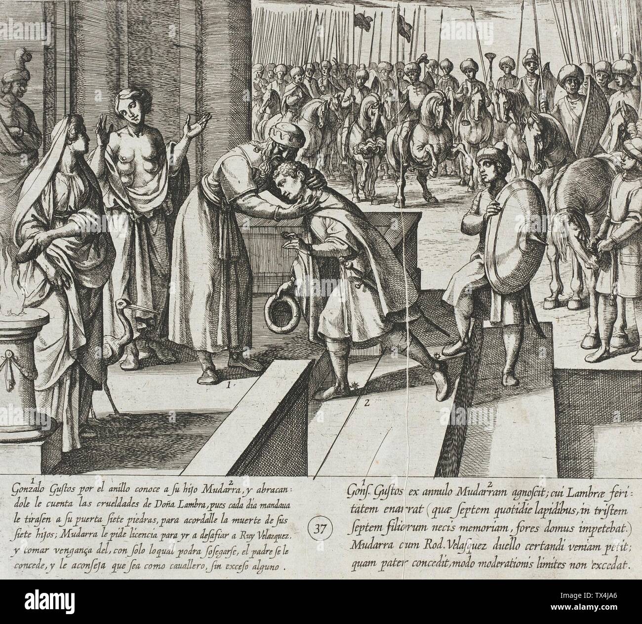 Gonzalo Gustos Recognizes His Son by Means of the Ring. Mudarra Pledges to Avenge the Death of the Infantes;  Italy, 1612 Series: The History of the Seven Sons of Lara, pl. 37 Prints; etchings Etching Los Angeles County Fund (65.37.268) Prints and Drawings; 1612date QS:P571,+1612-00-00T00:00:00Z/9; Stock Photo