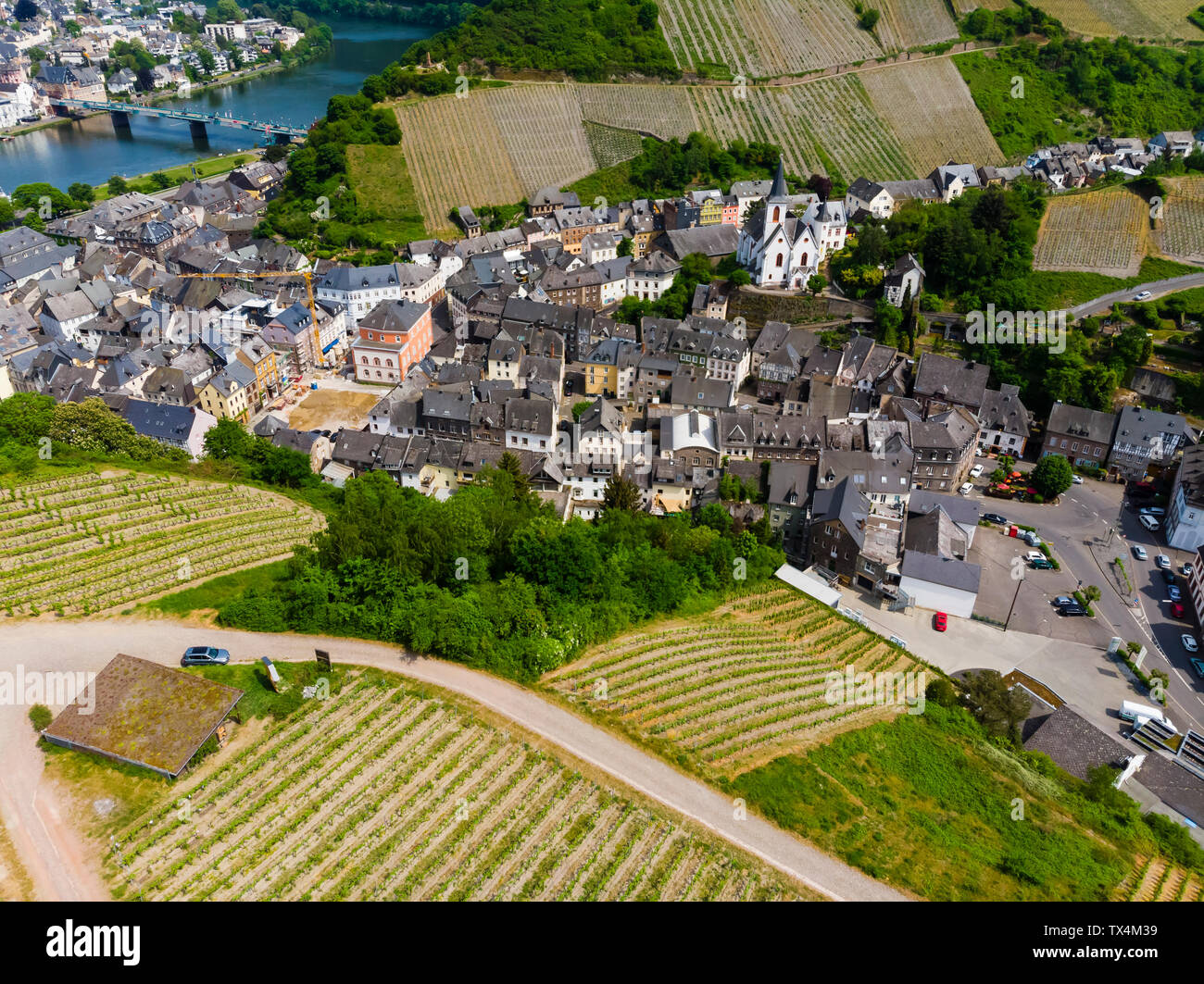 Germany, Rhineland-Palatinate, aerial view of Traben-Trarbach with Moselle river, vine yards Stock Photo