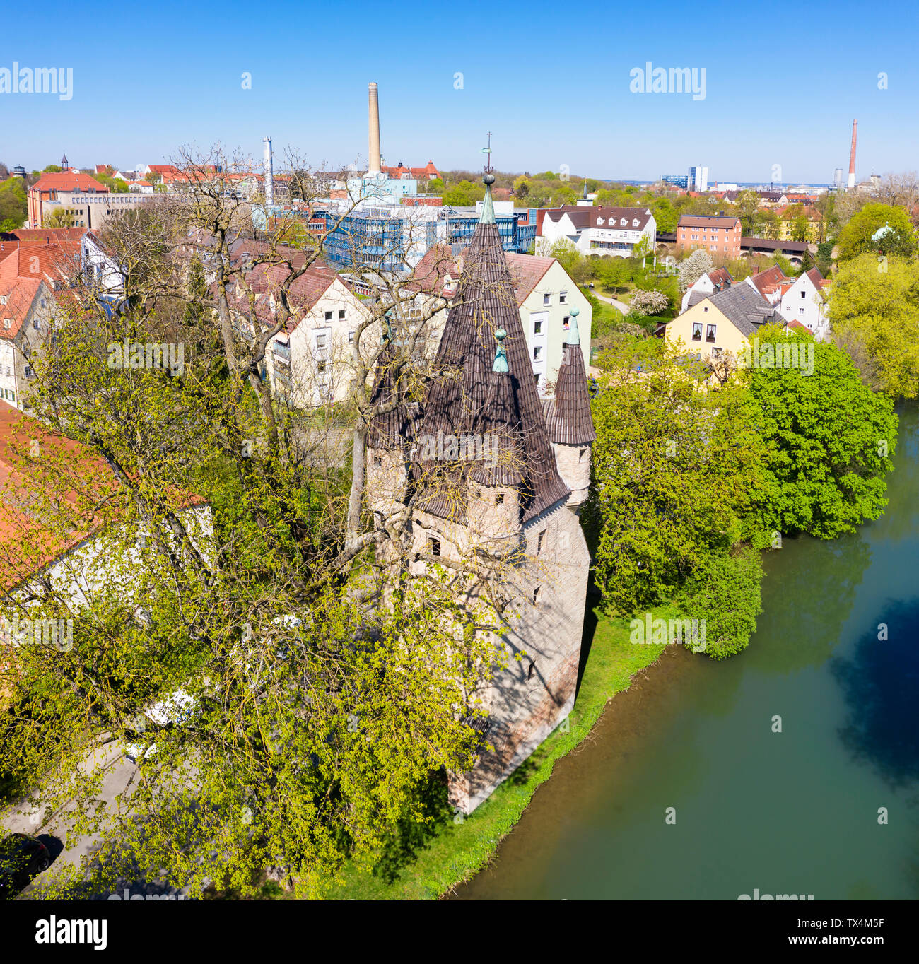 Germany, Augsburg, Jakobervorstadt, Fuenfgratturm near city moat Stock Photo