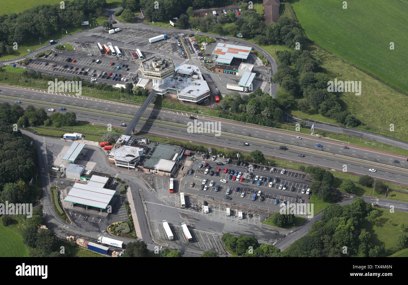 aerial view of Lancaster Motorway Services, North & Southbound Stock Photo