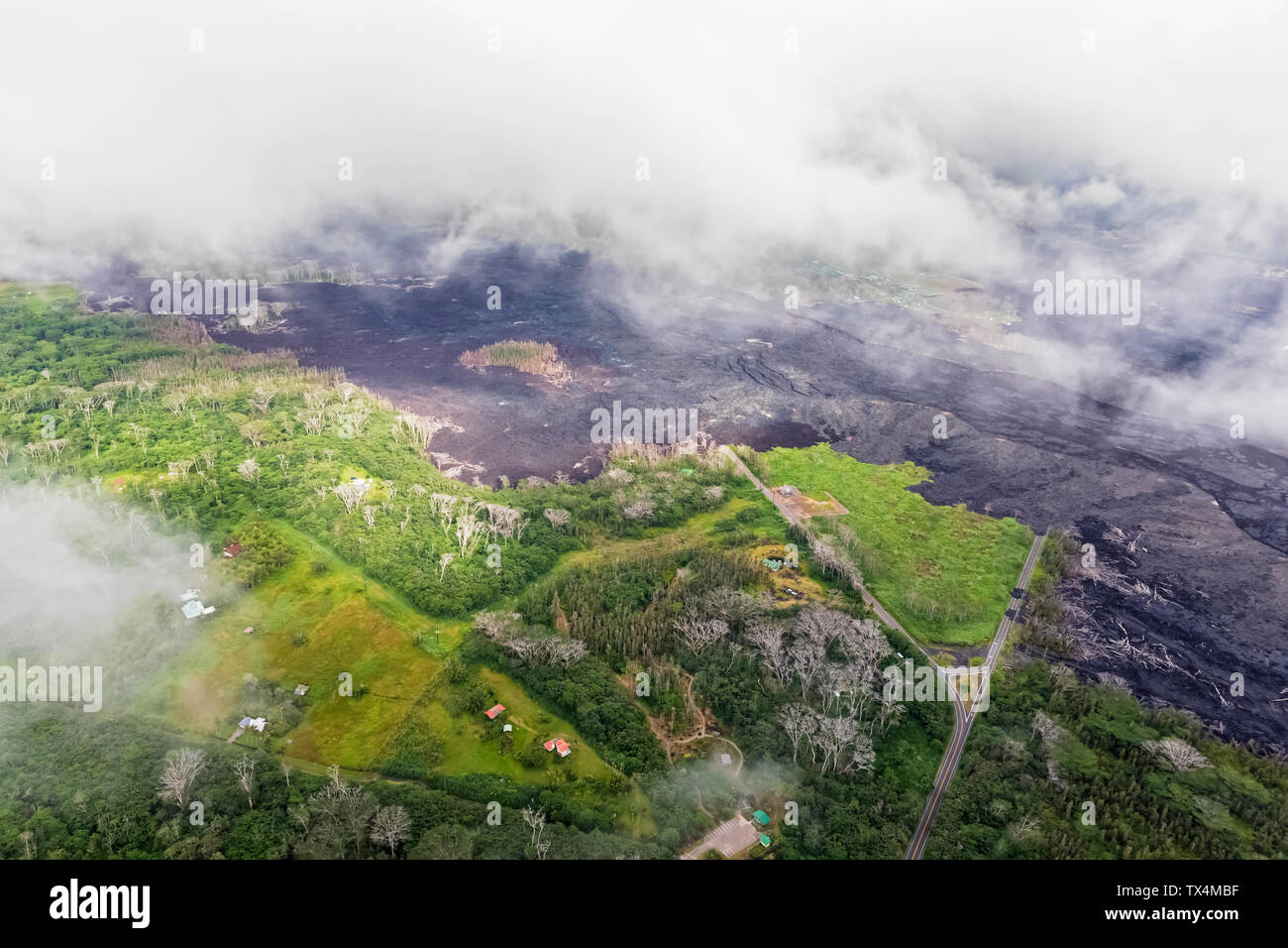 USA, Hawaii, Big Island, aerial view of the impacts of the volcanic ...