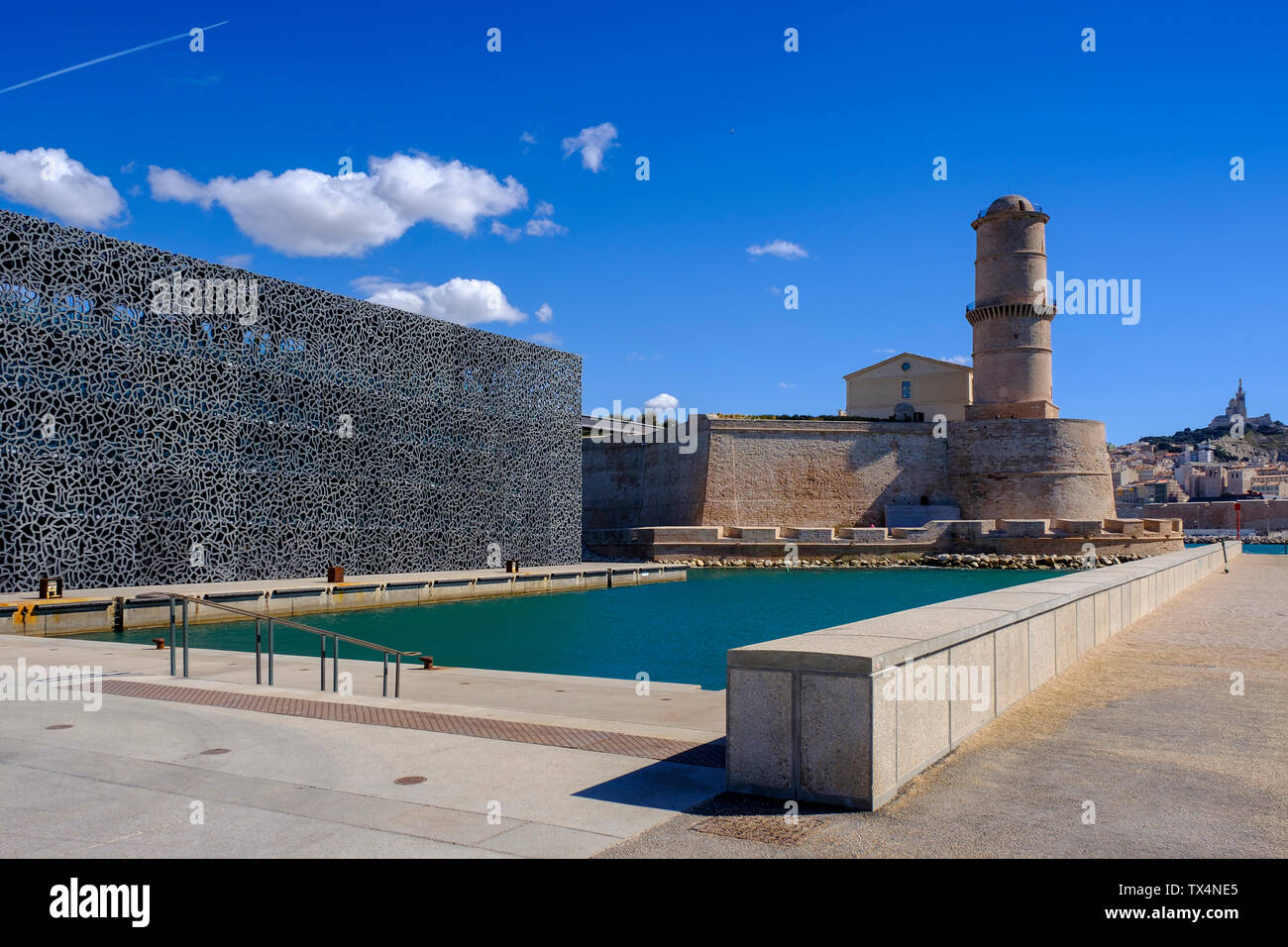 France, Marseille, Museum of European and Mediterranean Civilisations, MuCEM and signal tower of Fort Saint Jean Stock Photo