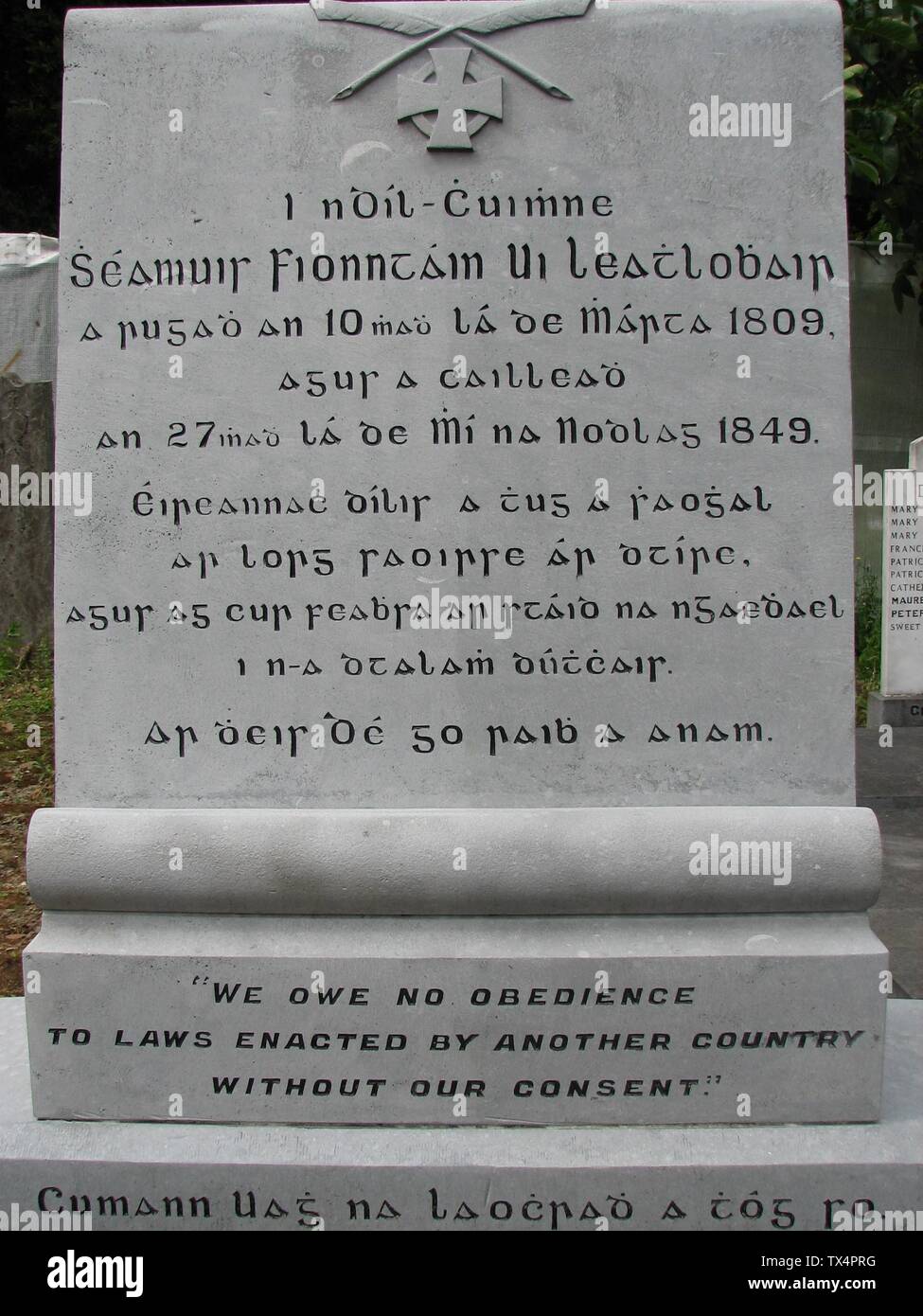 The inscription reads: In dear memory of James Fintan Lalor born on the 10th of March 1809 and died on the 27th of December 1849. The Grave of James Fintan Lalor, Glasnevin, Dublin. A faithful Irishman who gave his life in the pursuit of freedom of our country and to improve the state of Irish people in their native land. May his soul be at the right hand of God,  The stone was erected by National Graves Association (1933); 3 August 2007 (original upload date); Original uploader was Domer48 at en.pedia; The original uploader was Domer48 at English pedia.; Stock Photo
