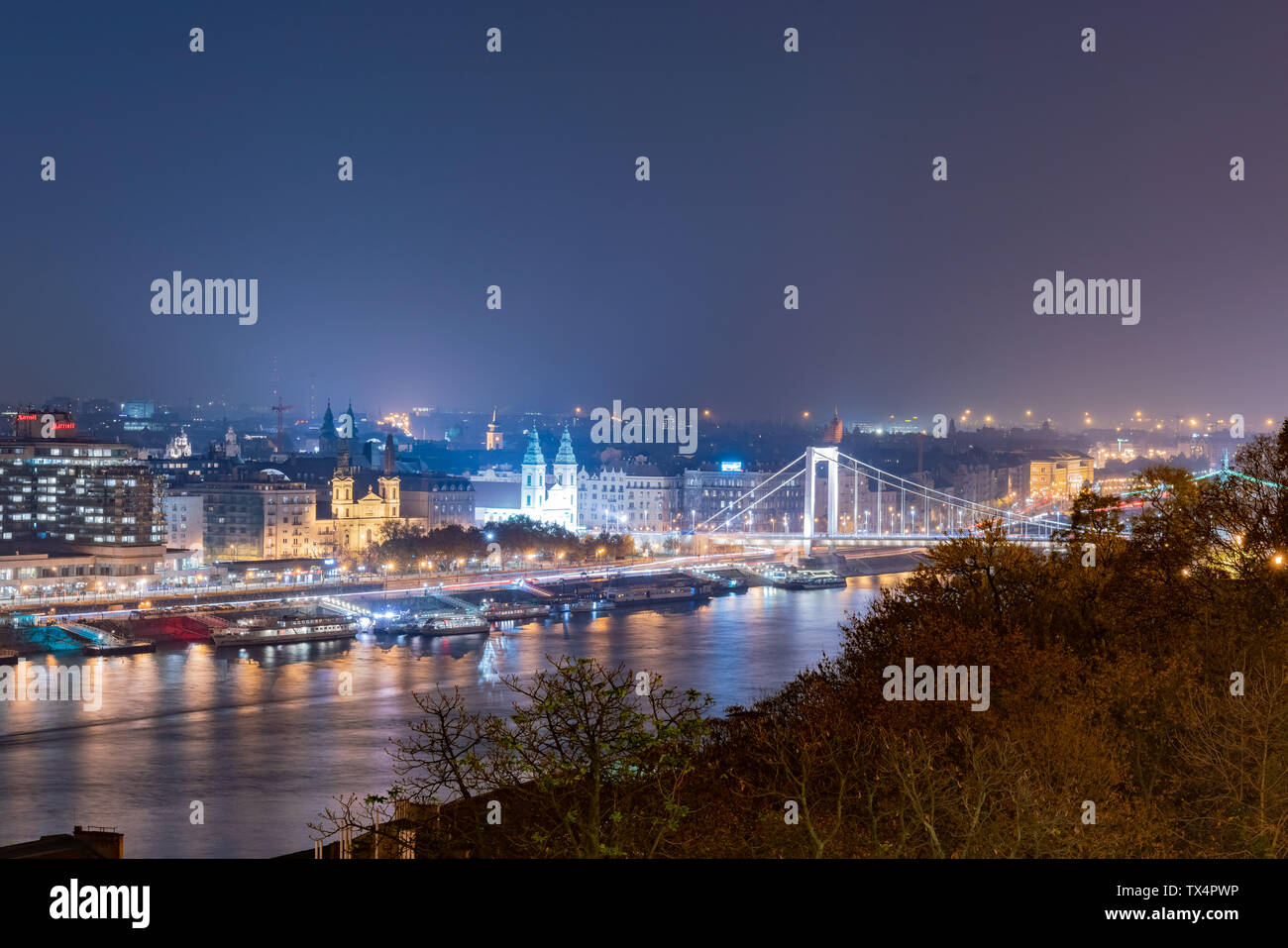 Night aerial view of the famous cityscape at Budapest, Hungary Stock Photo