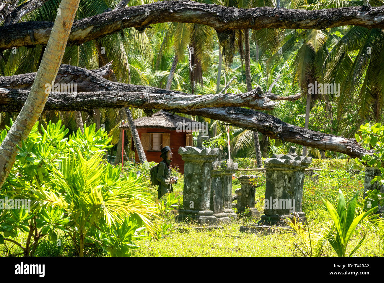 Seychelles, La Digue, man with backpack and camera visiting old grave yard Stock Photo