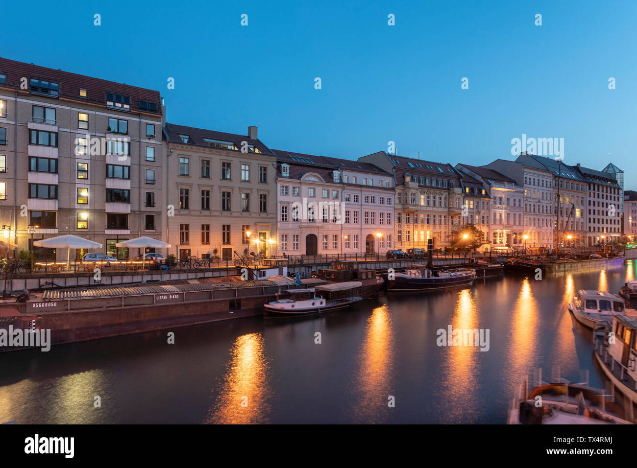 Germany, Berlin, Museum Harbour at Maerkisches Ufer at twilight Stock Photo