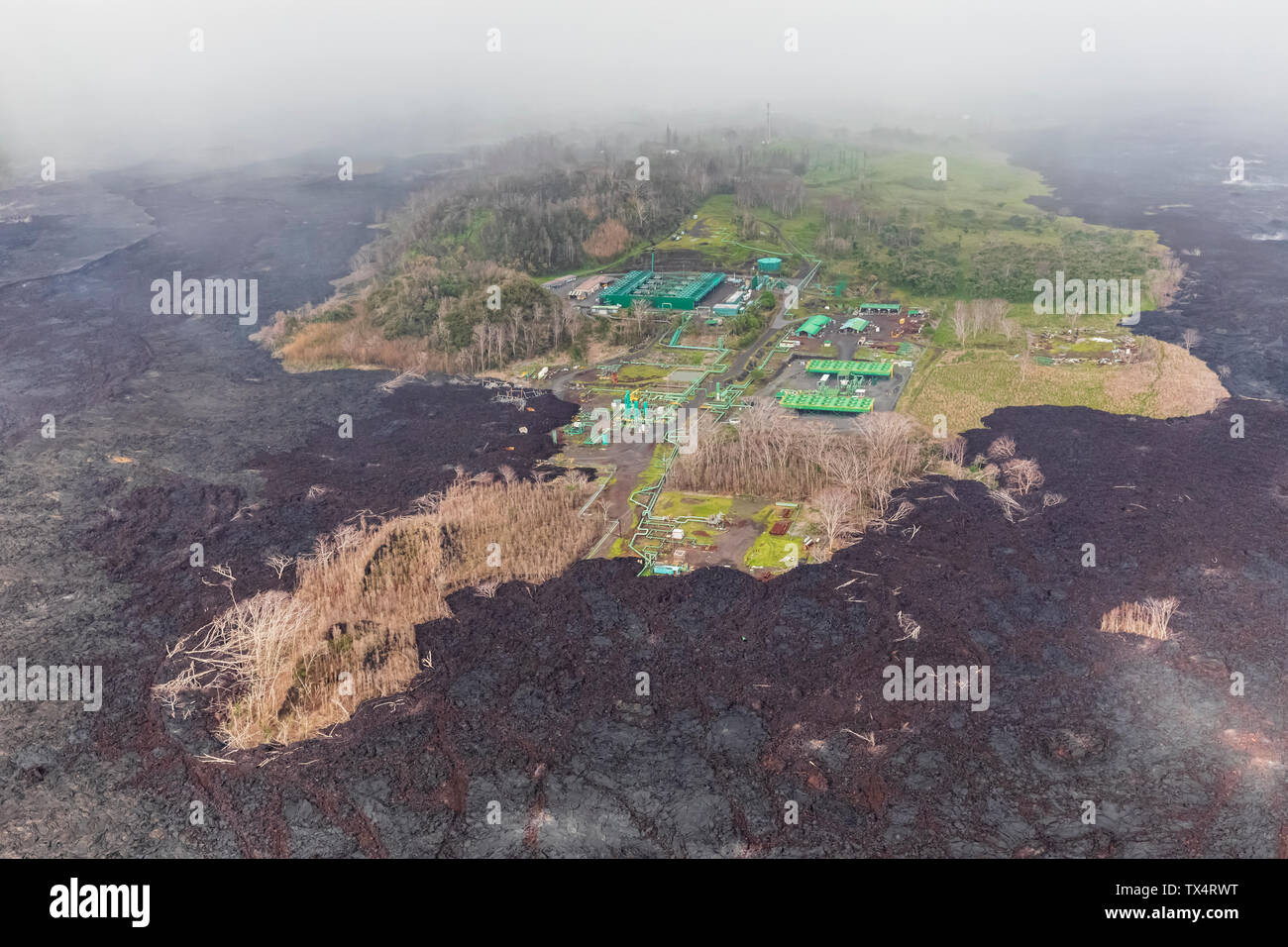 USA, Hawaii, Big Island, aerial view of the impacts of the volcanic eruption in 2018, Puna Geothermal Power Plant Stock Photo
