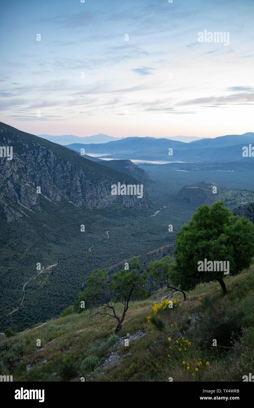 Greece, Delfi, view on Gulf of Corinth at dusk Stock Photo