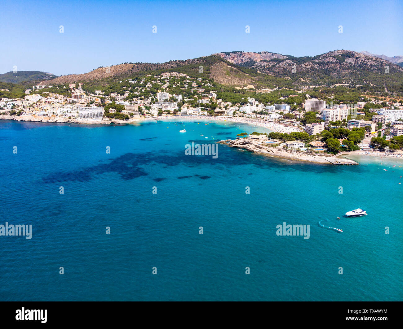 Spain, Majorca, Costa de la Calma, aerial view over Peguera with hotels and beaches Stock Photo