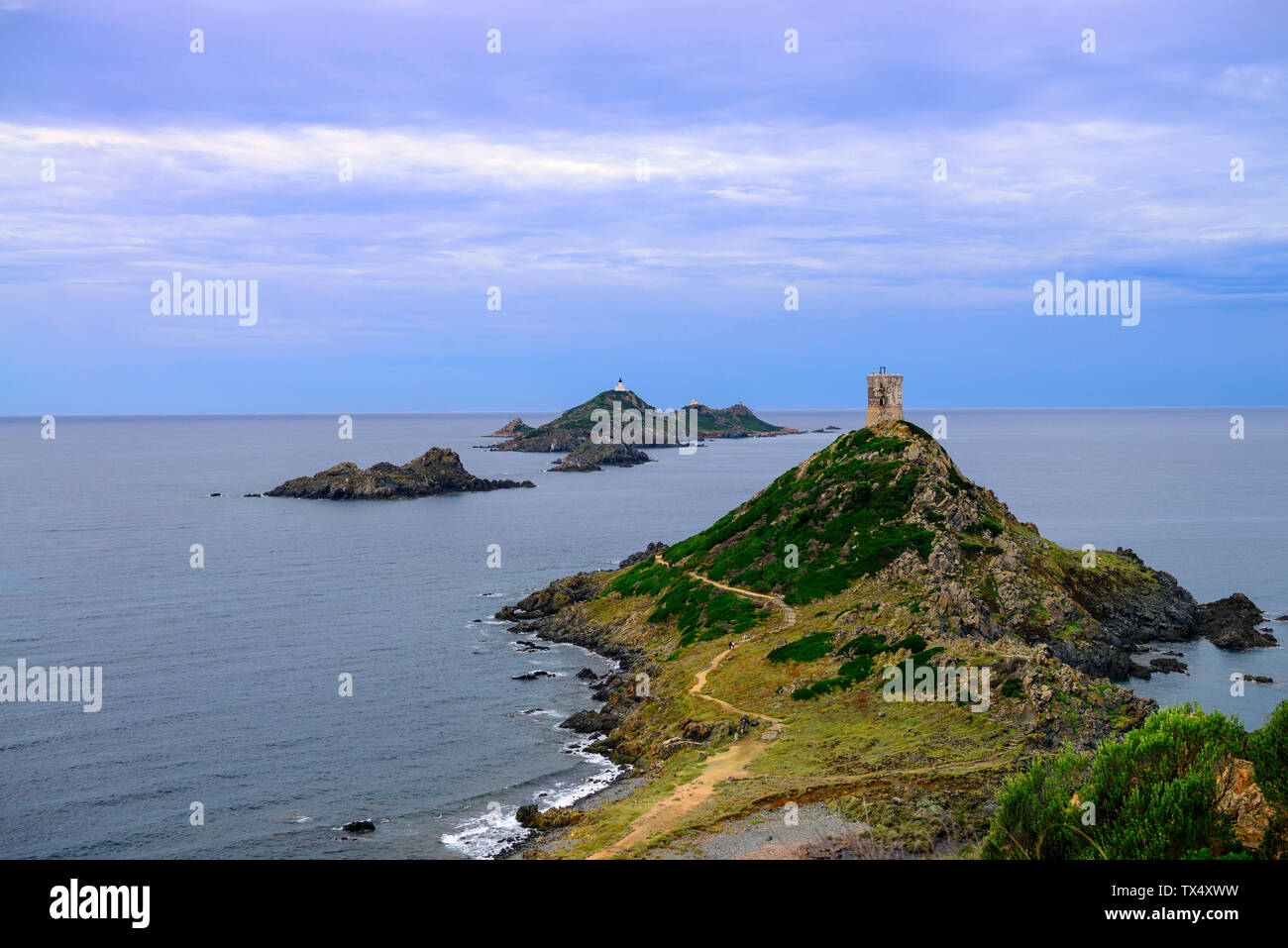 France, Corsica, view over Illes Sanguinaires and genoese tower from the Pointe de la Parata Stock Photo
