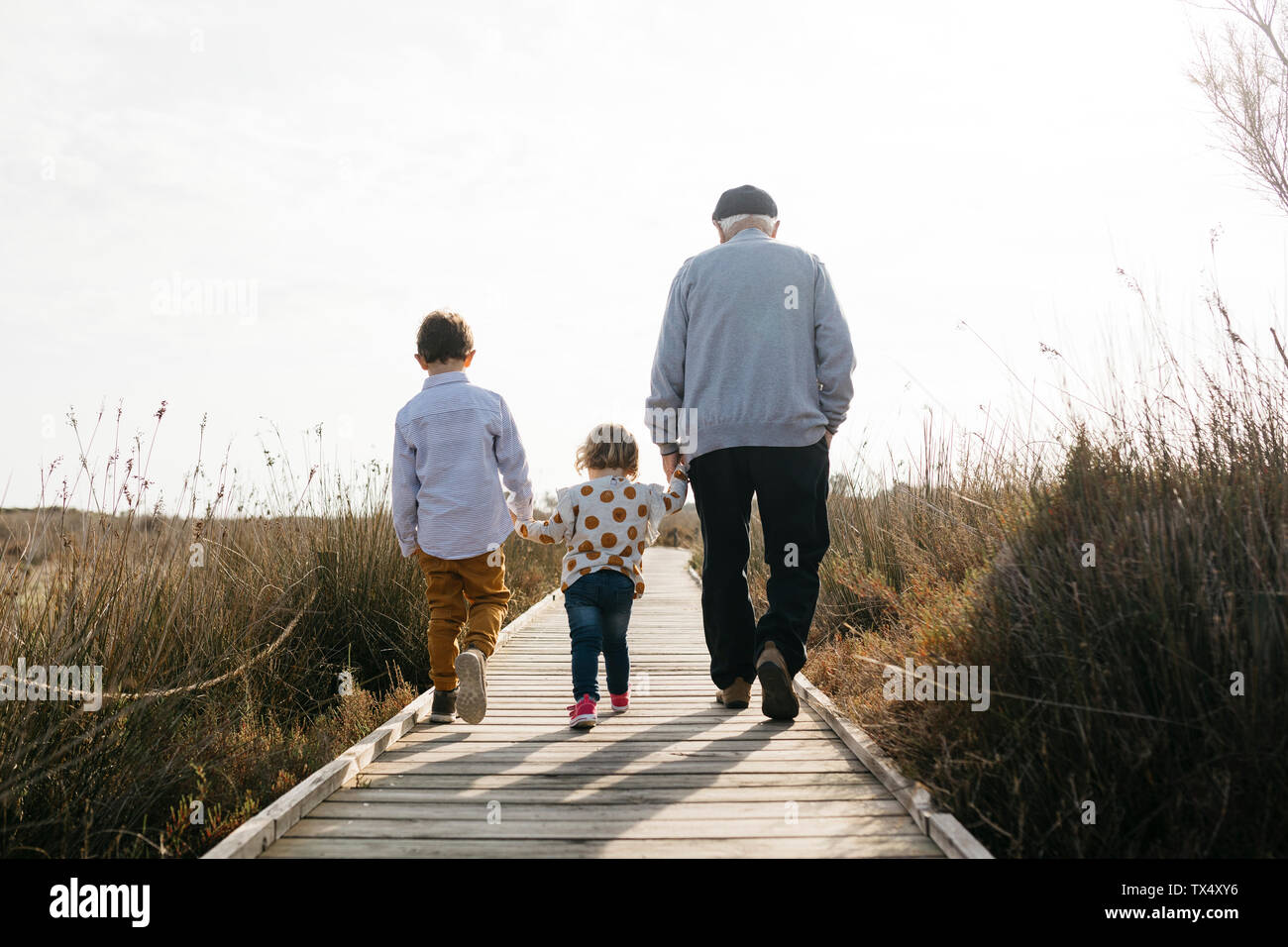 Back view of grandfather and grandchildren strolling hand in hand on boardwalk Stock Photo