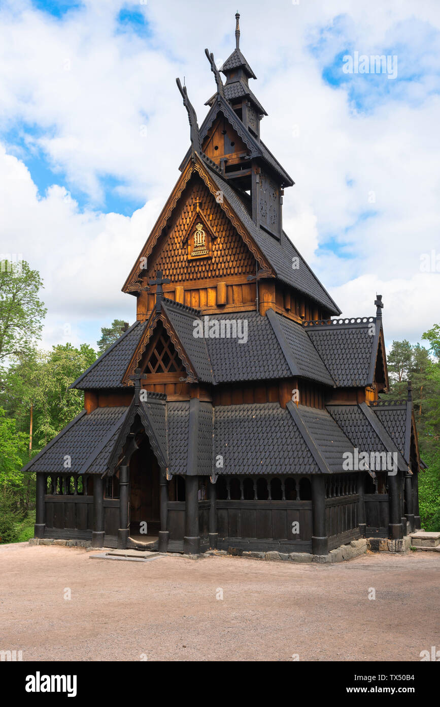 Bygdoy Oslo, view in summer of a traditional Norwegian stave church sited in the Norsk Folkemuseum in the Bygdøy area of Oslo, Norway. Stock Photo