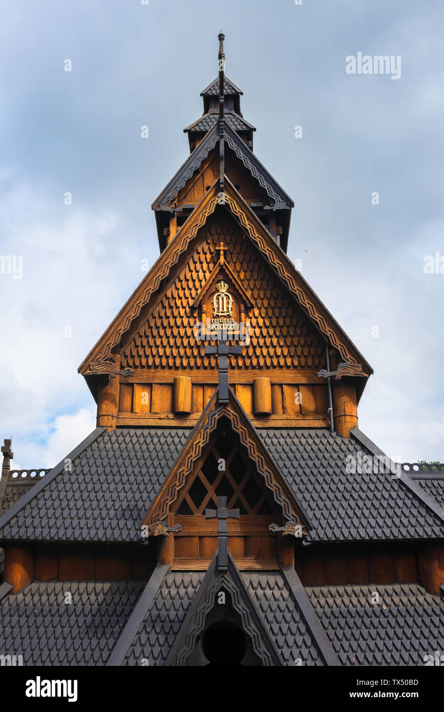 Norway stave church, detail of the upper roof sections of the Gol stave church sited in the Norske Folkemuseum in the Bygdøy area of Oslo, Norway. Stock Photo