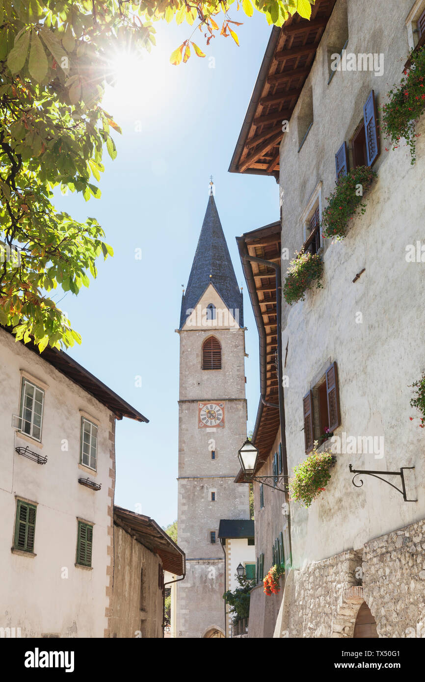 Italy, South Tyrol, Margreid, South Tyrol Wine Route, village view with church spire Stock Photo