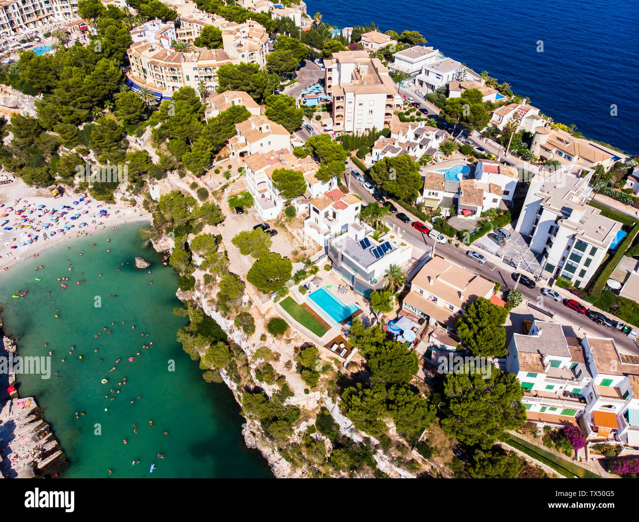 Spain, Balearic Islands, Mallorca, Llucmajor, Aerial view of bay of Cala Pi and beach Stock Photo