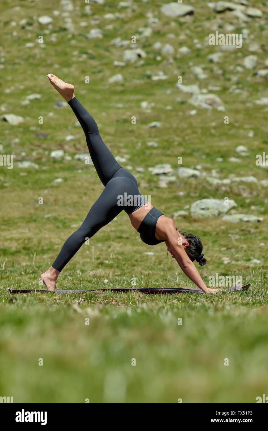 Young woman doing yoga on meadow, downward facing dog position Stock Photo