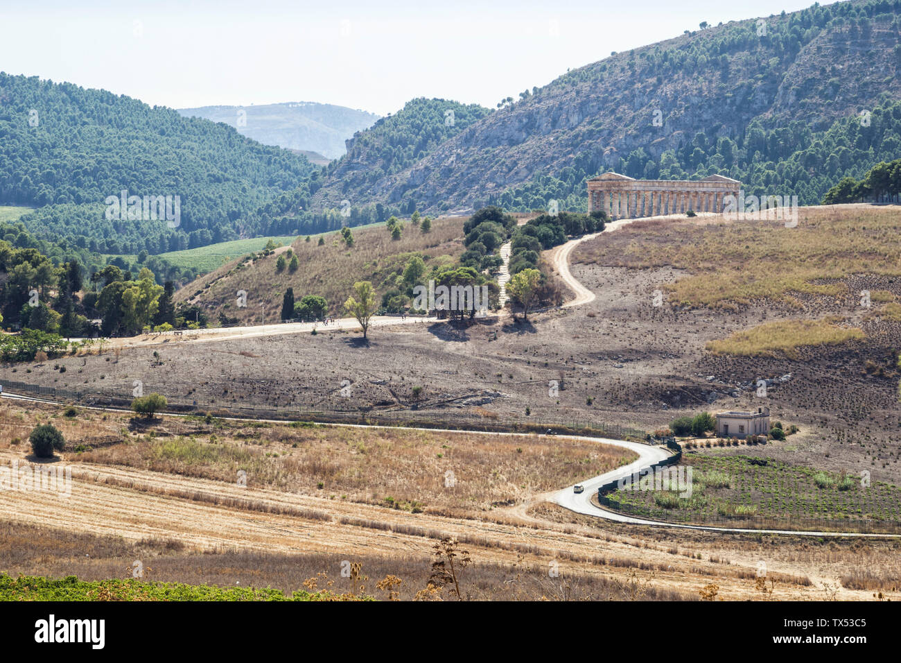 Italy, Sicily, Segesta, antique archaeological excavation with Temple of Hera Stock Photo