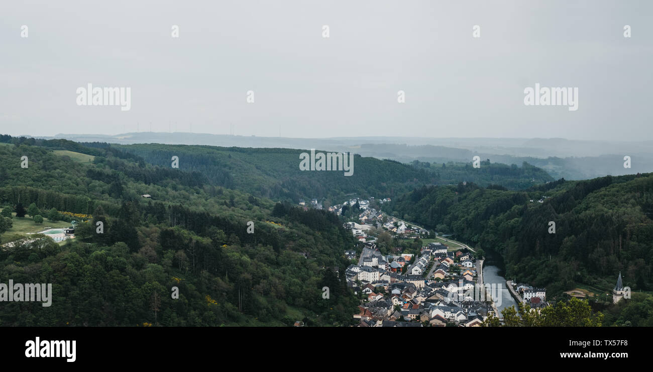 Vianden, Luxembourg - May 18, 2019: Panoramic high angle view of Vianden, a town in Luxembourgs Ardennes region known for the centuries-old hilltop Vi Stock Photo