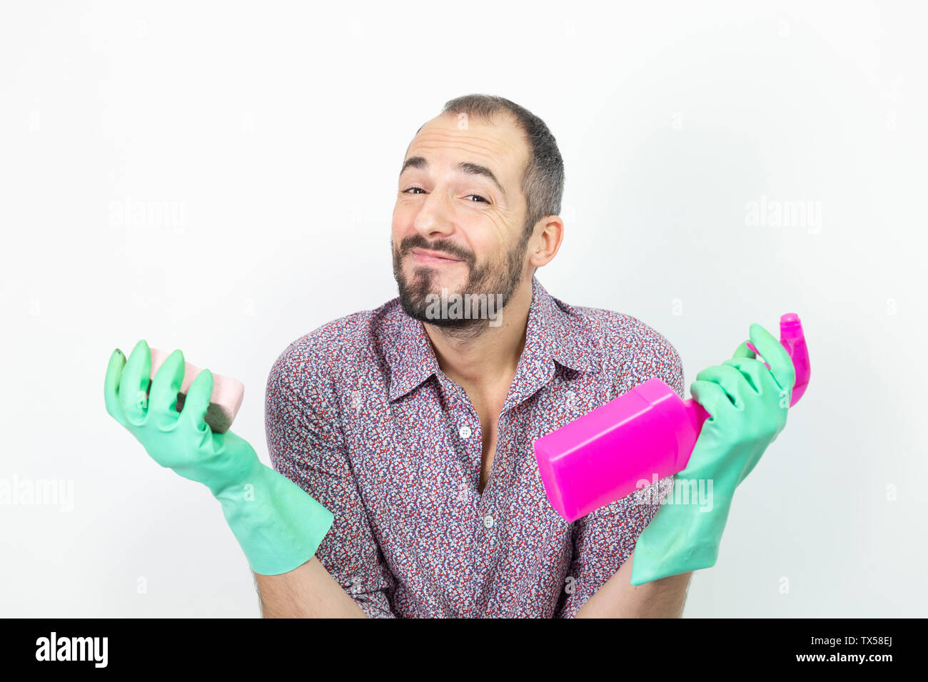 A man with cleaning products. Stock Photo