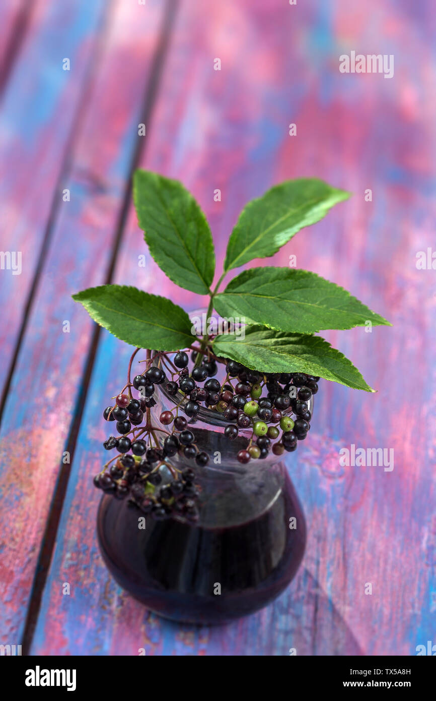 Elderberry juice. jar of homemade elderberry juice and fresh fruits on wooden blue pink painted background Stock Photo