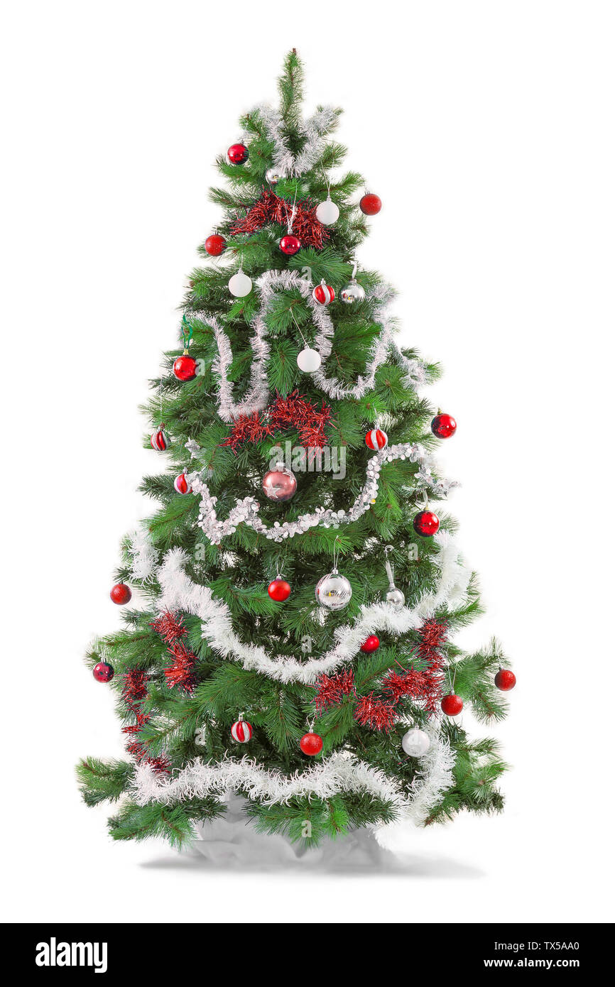 Red and white Decorated christmas tree, isolated on white background Stock Photo