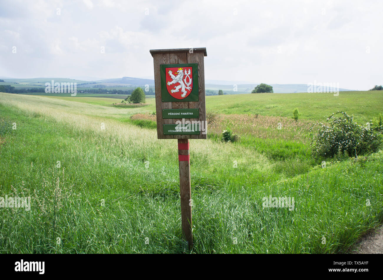 A Special Area of Conservation (SAC, defined in the European Union's Habitats Directive) sign, Natura 2000 Nature Reserve Miliovy louky, Blatnicka, So Stock Photo
