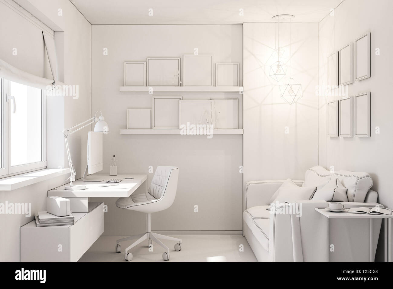 Home office interior design concept in a private cottage. 3d illustration of the interior in white color without textures. For your custom design Stock Photo