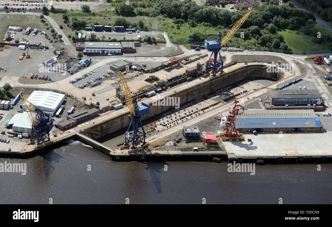 aerial view of a large dry dock for shipbuilding & ship repairs at Hebburn on the River Tyne near Jarrow Stock Photo