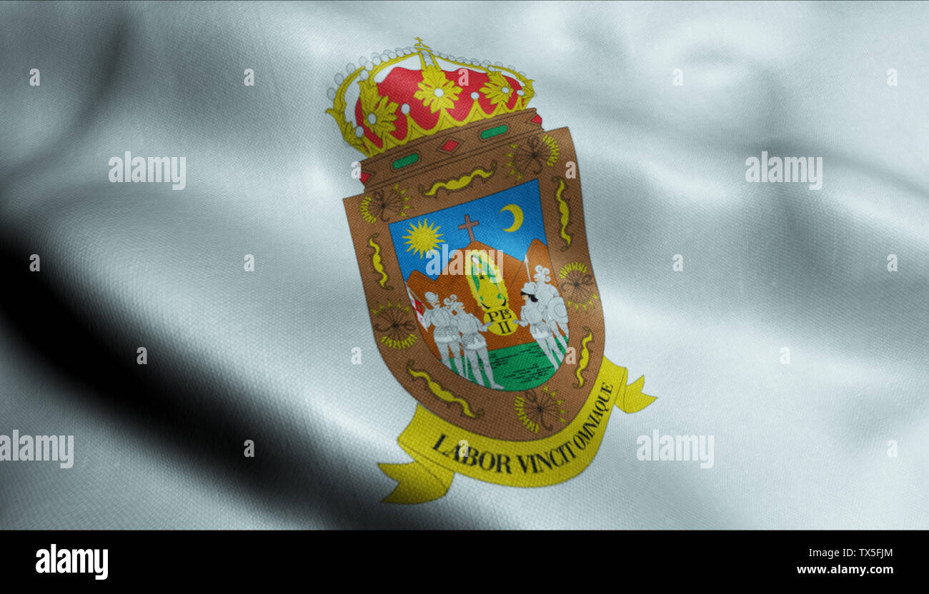 3D Waving Flag of Zacatecas City Closeup View Stock Photo