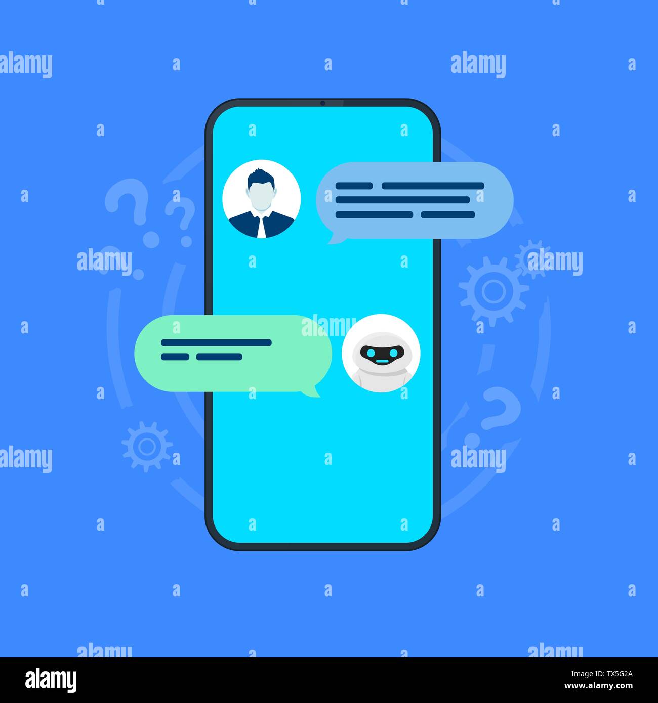 Chatbot illustration. Smartphone with user and robot chatting on screen. Vector Stock Vector