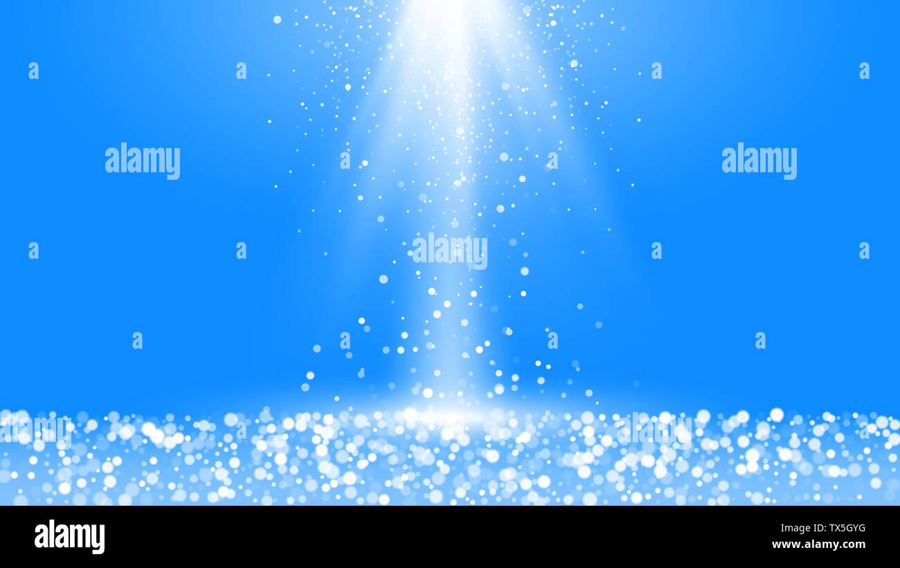 Winter snowfall with blurred elements. Festive vibrant background with snow and shiny rays. Vector illustration isolated on blue background Stock Vector