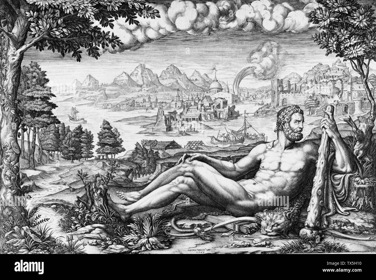 Hercules Resting from His Labors;  Italy, 1567 Prints; engravings Engraving Mary Stansbury Ruiz Bequest (M.88.91.28) Prints and Drawings; 1567date QS:P571,+1567-00-00T00:00:00Z/9; Stock Photo