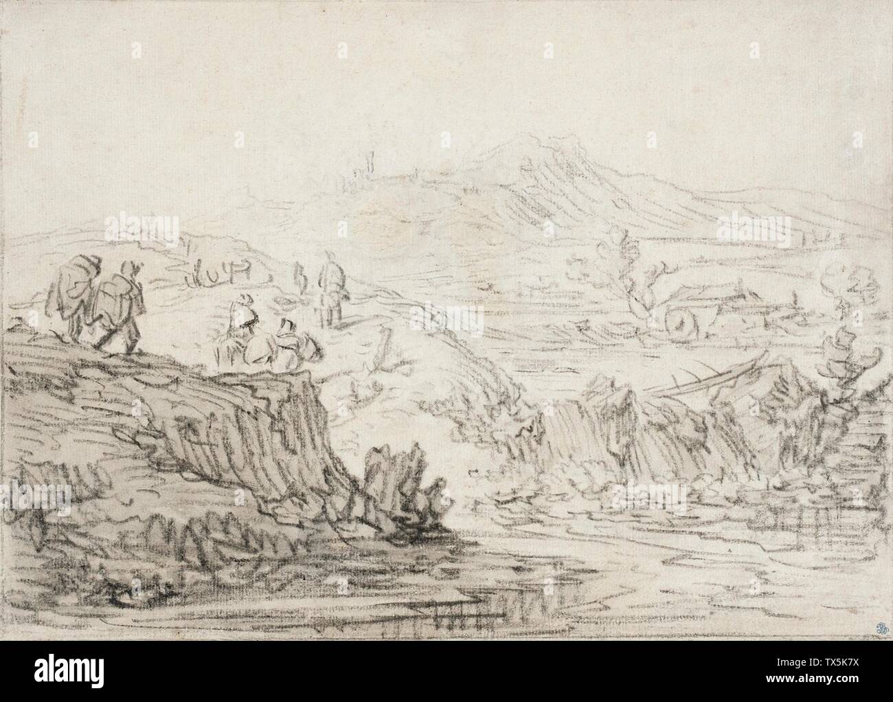 Hilly Landscape with Stream and Figures;  Holland, 1609 - 1685 Drawings Black chalk and gray wash Museum Purchase with County Funds (57.52.1) Prints and Drawings; between 1609 and 1685 date QS:P571,+1650-00-00T00:00:00Z/7,P1319,+1609-00-00T00:00:00Z/9,P1326,+1685-00-00T00:00:00Z/9; Stock Photo