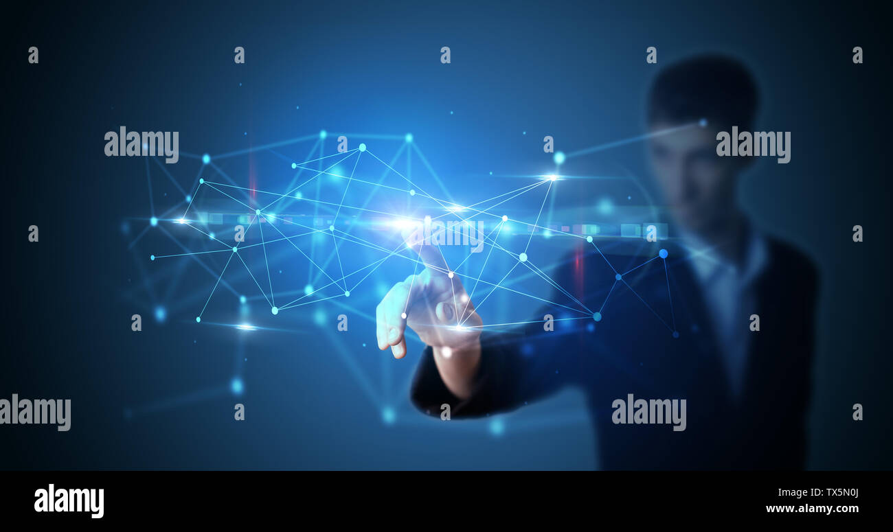 Man touching hologram screen displaying modern web system  Stock Photo