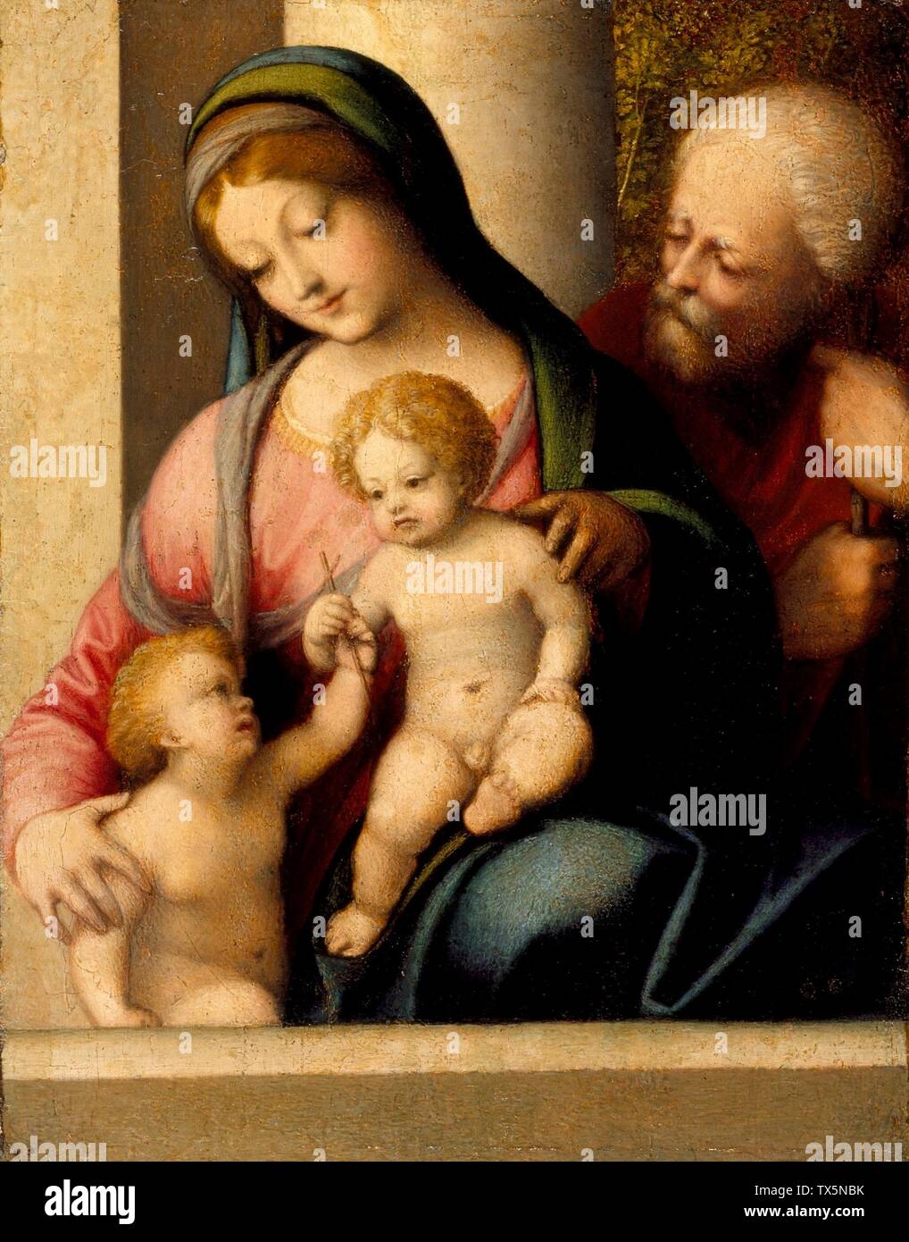 Holy Family with the Infant St. John;  Italy, circa 1515 Paintings Oil on panel transferred to canvas Gift of the Hearst Foundation Fund (46.48) European Painting Currently on public view: Ahmanson Building, floor 3; circa 1515 date QS:P571,+1515-00-00T00:00:00Z/9,P1480,Q5727902; Stock Photo