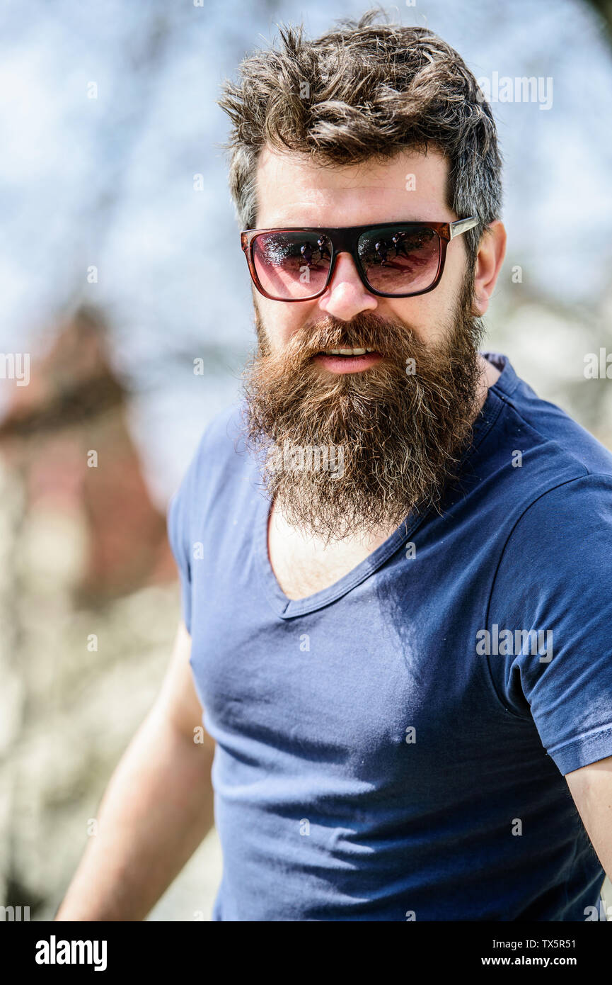 Mature hipster with beard. brutal male with perfect style. bearded man with  lush hair. Free and happy time. summer fashion and beauty. Bearded man  outdoor. Beard care and barbershop. Got to shave