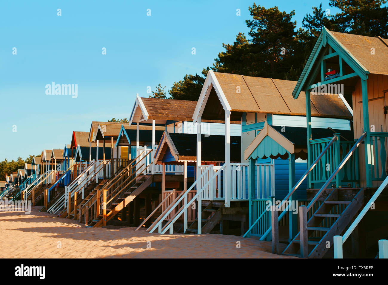 Wooden beach huts at Wells Next The Sea, Norfolk Stock Photo