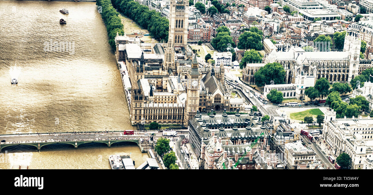 Houses of Parliament as seen from helicopter, London. Stock Photo