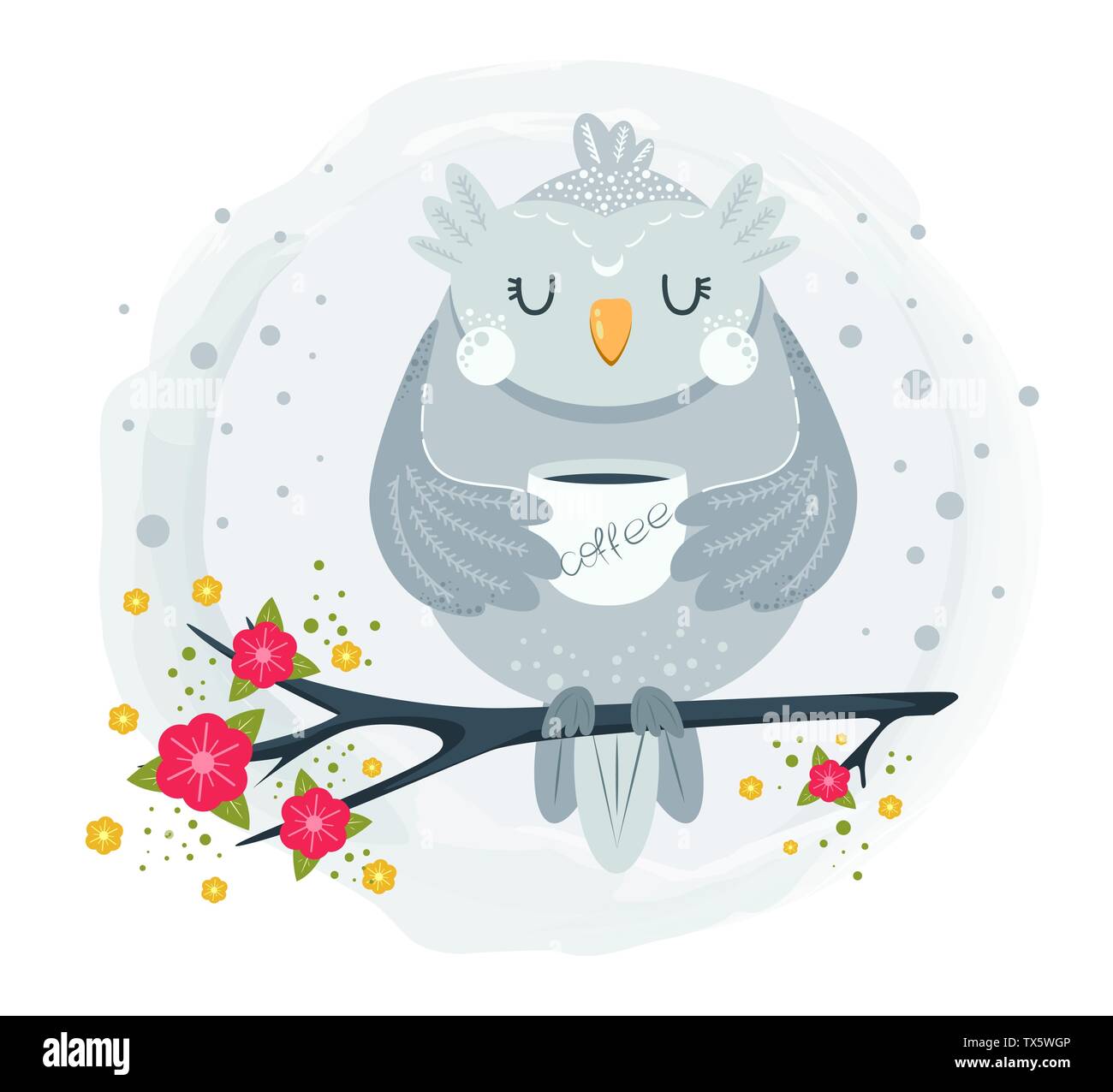 Cute owl sitting on branch and drinking coffee. Funny cartoon character.  Vector illustration Stock Vector Image & Art - Alamy
