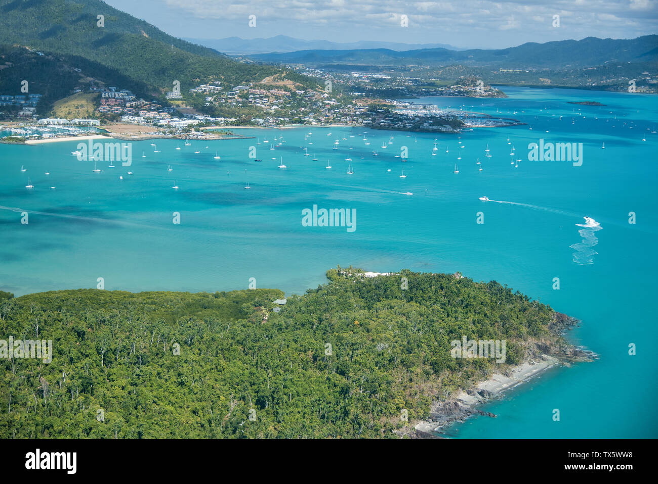 Airlie Beach coastline as seen from airplane. Stock Photo