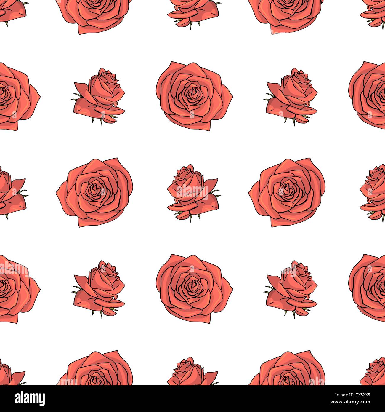 Hand drawn doodle style rose flowers seamless pattern. white background ...